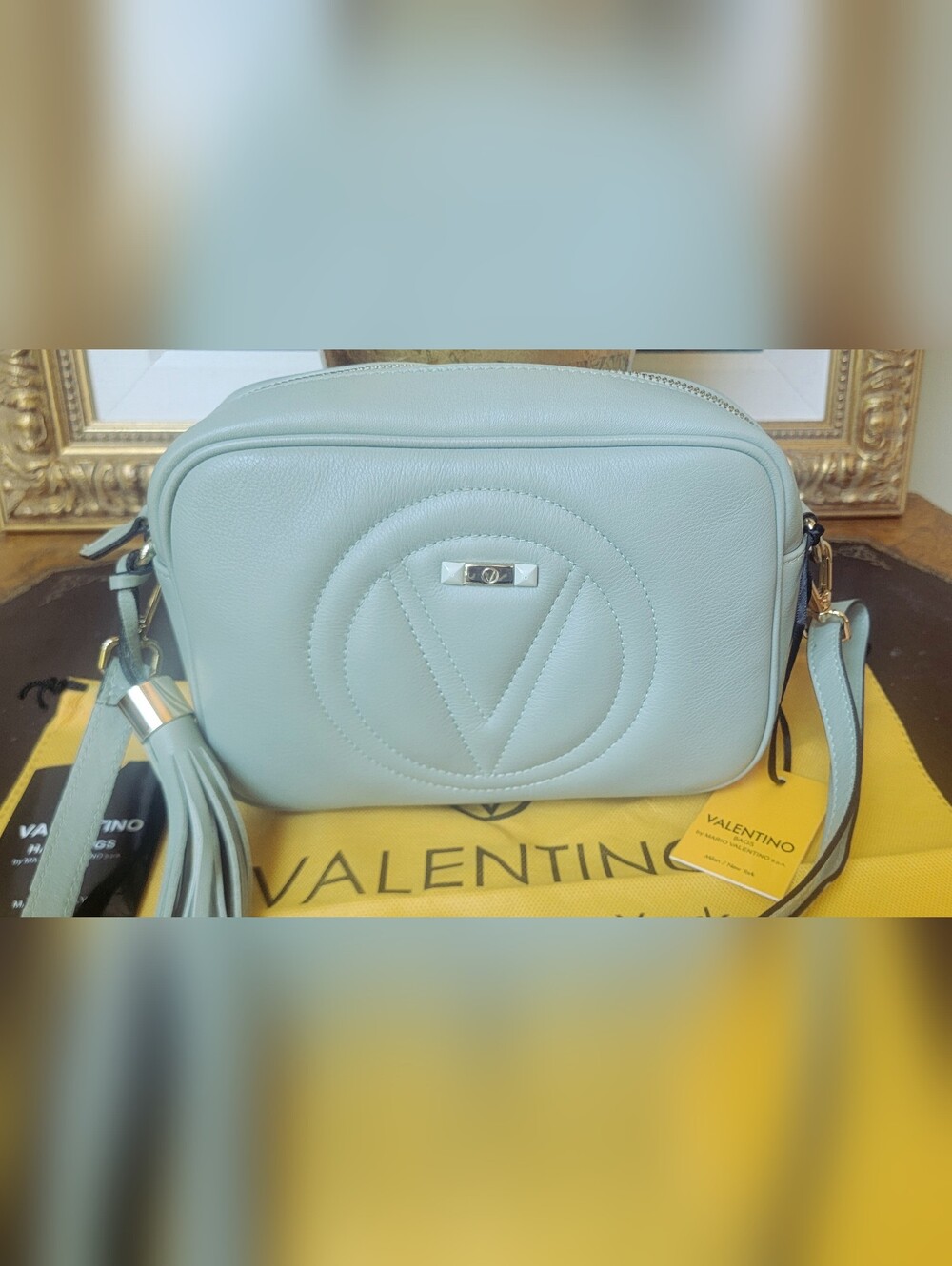 Mario Valentino Mia Leather Crossbody Mint Green Camera Bag V Logo Zip Top
